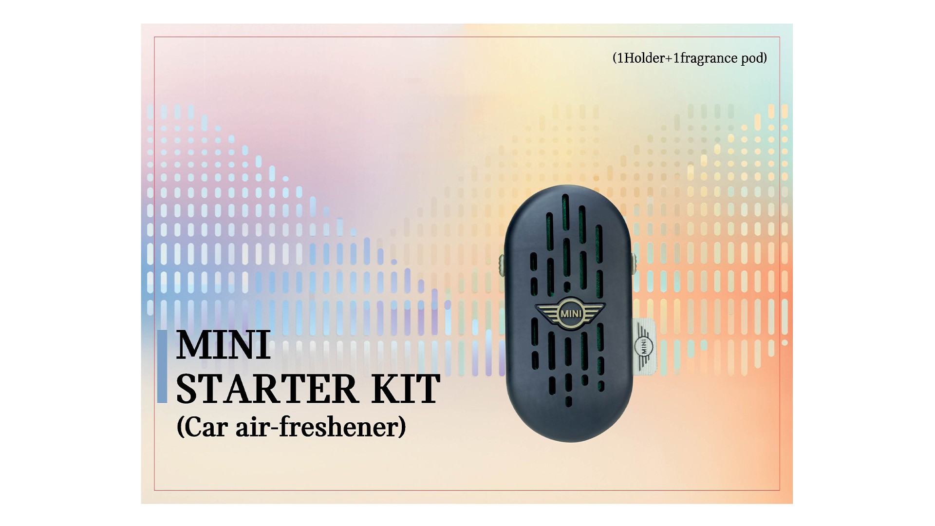 Pack shot of the MINI Natural Air car air freshener starter set, which includes the scent holder and stick.